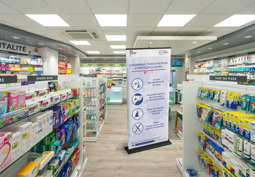 rollup enrouleur kakemono pharmacie covid coronavirus visibilité